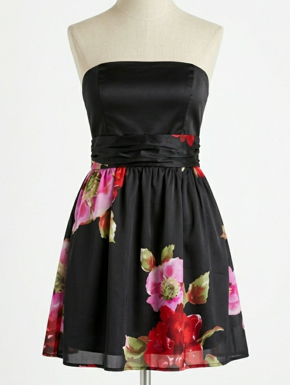 Vintage Wet Seal Y2K Strapless Satin Floral Mini Dress Pockets Black Pink Red S